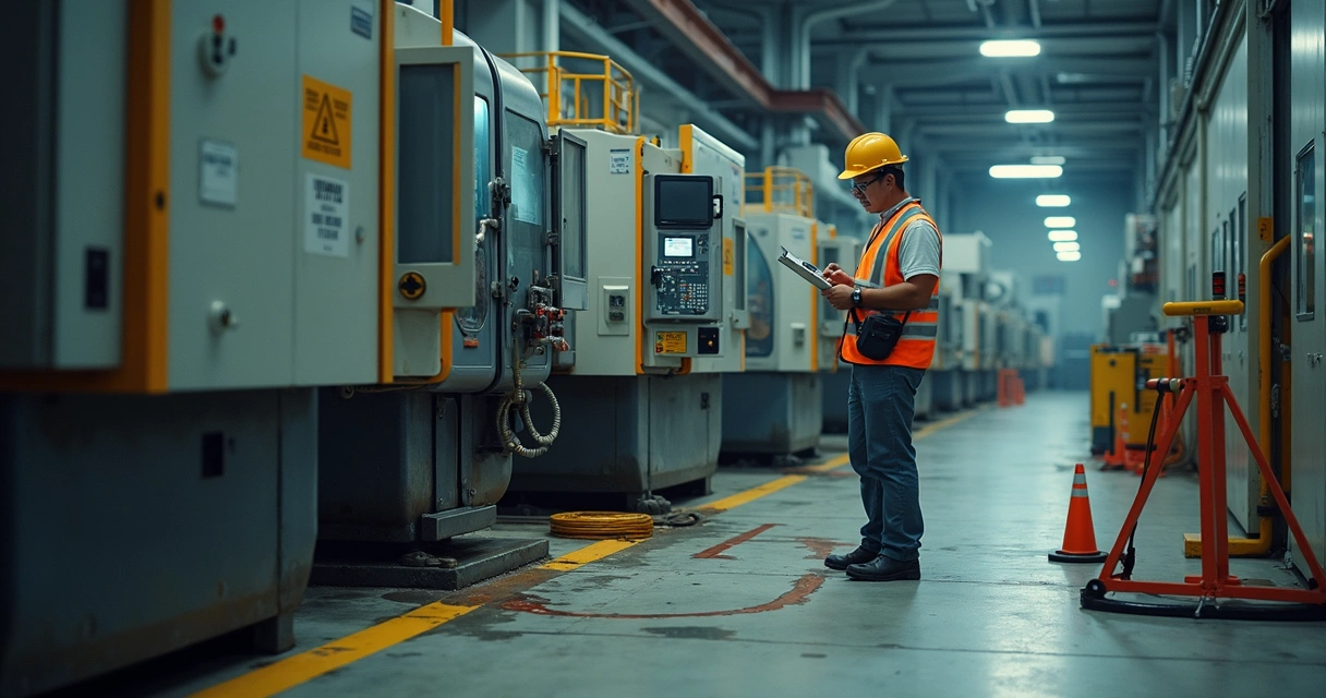 Perito examinando área industrial com máquina e marcações no piso 