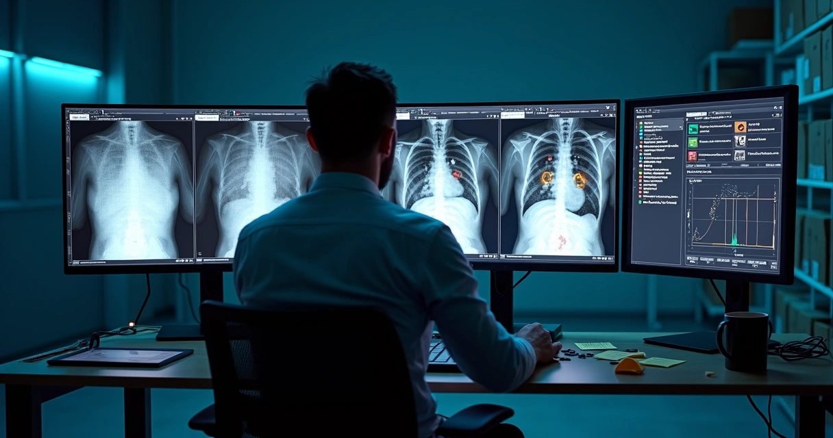 Perito digital comparando imagem de exame suspeita em monitor com versões manipuladas ao fundo 