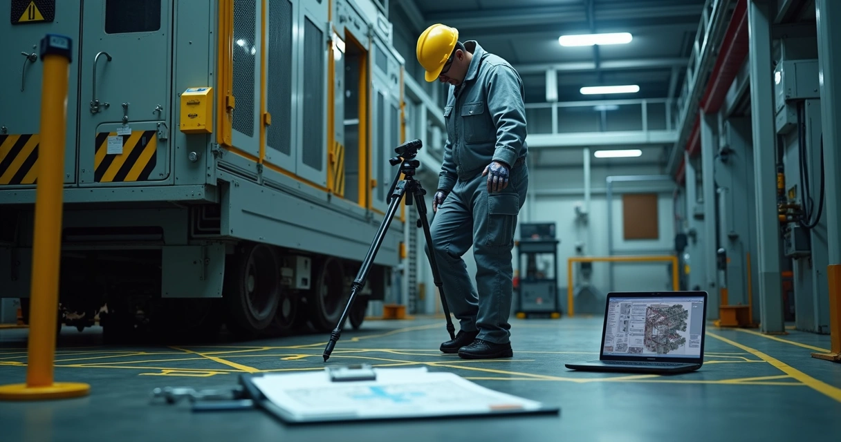 Perito examinando máquina industrial em ambiente de trabalho 