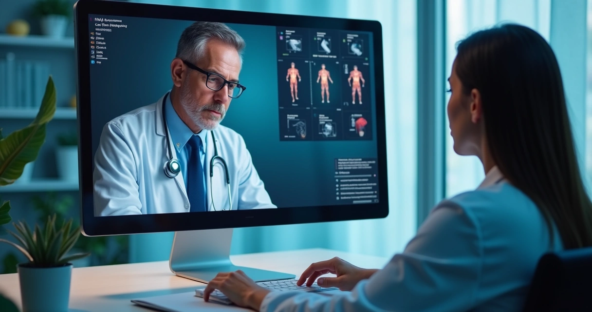 Médico especialista atendendo consulta por telemedicina com advogado acompanhando em computador 