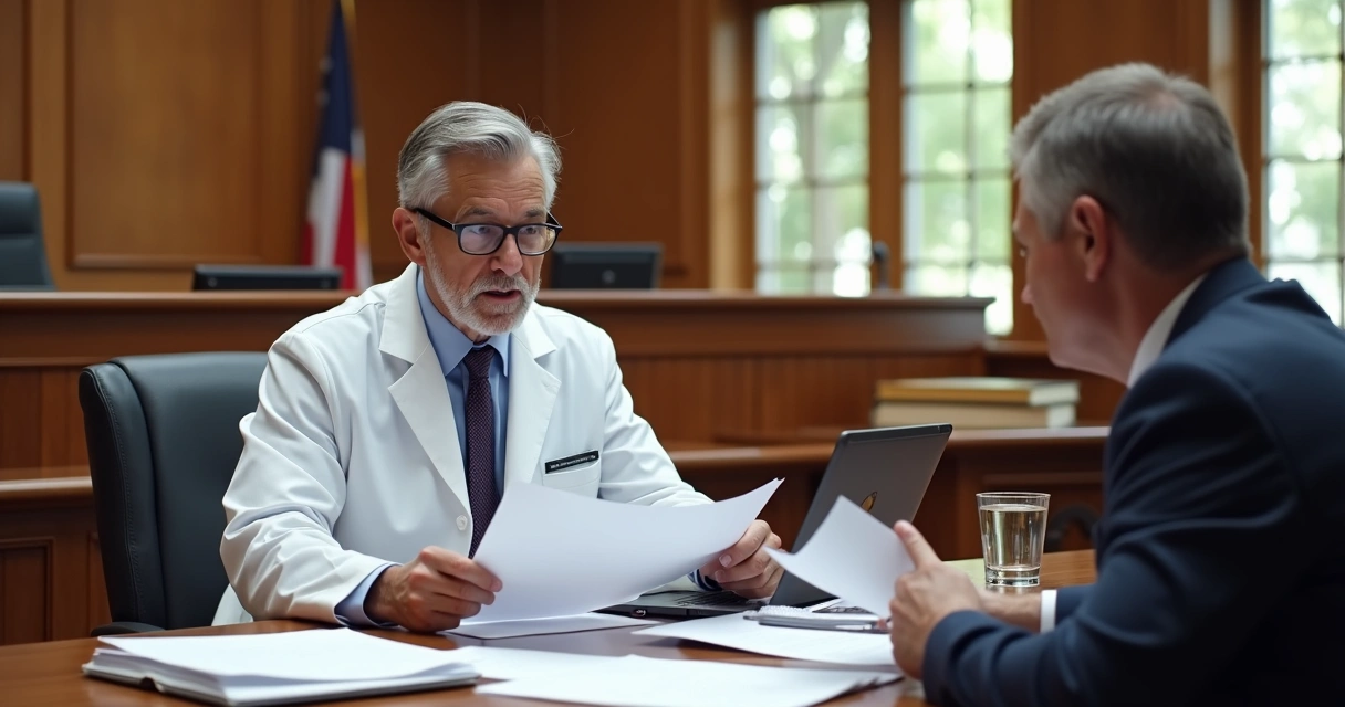 Médico perito avaliando documentos em sala de audiência 