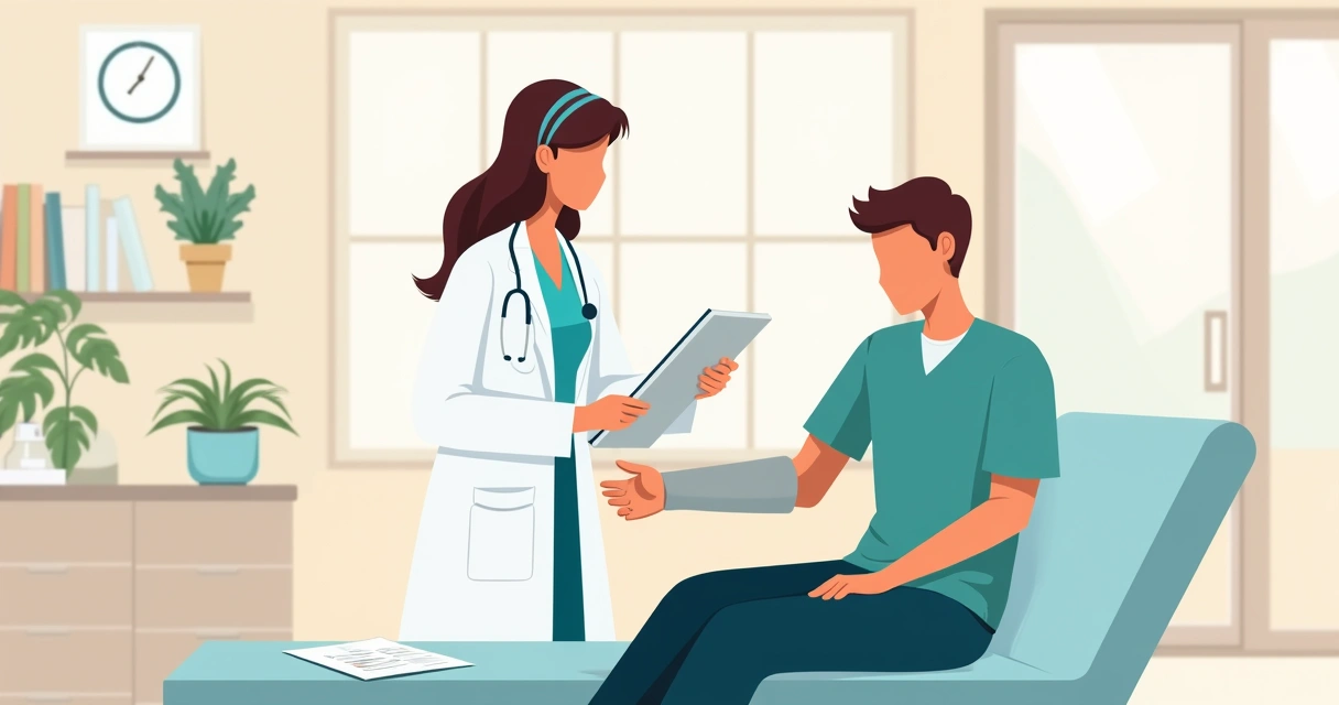 Médico realizando exame pericial em paciente com braço engessado, em consultório claro.