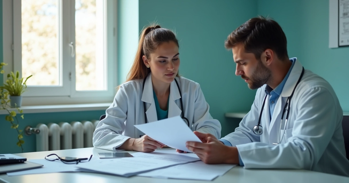 Perícia médica do INSS com médico avaliando documentos e paciente sentado. 