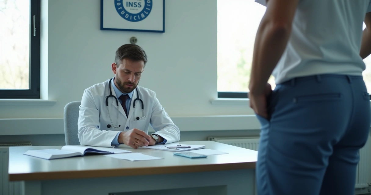 Médico perito em consultório, analisando laudos, com paciente sentado explicando sua situação.