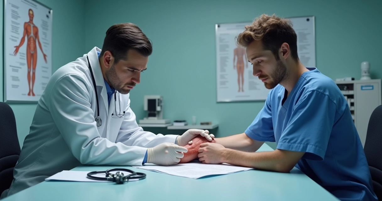 Médico perito examinando paciente em sala de avaliação. 