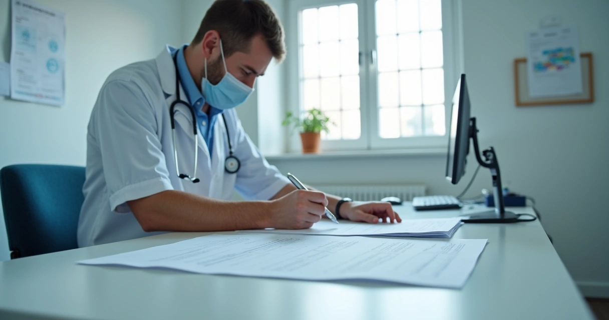Perito médico do INSS analisando documentos em mesa branca, ambiente de consultório. 