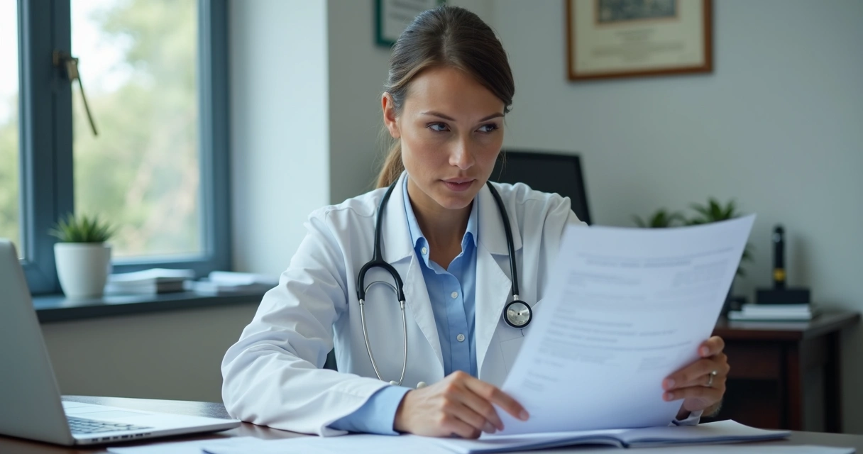 Perito médico avaliando documentos de paciente em consultório