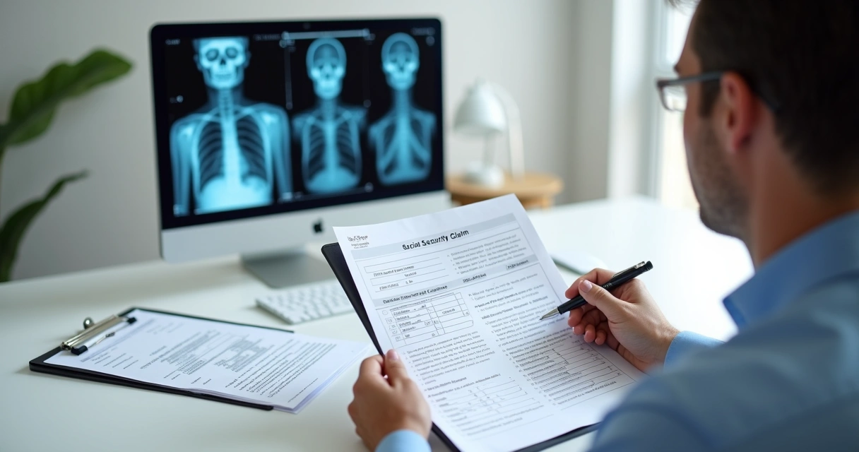 Perícia médica com documentos e raio-x sobre a mesa 