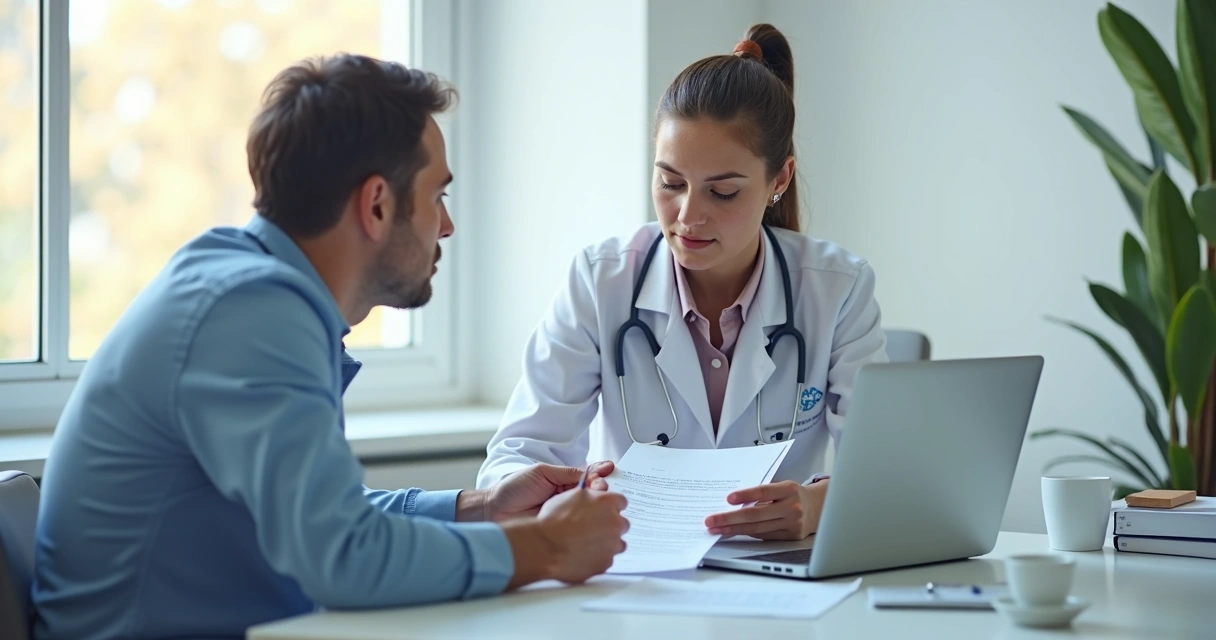 Pessoa em uma perícia médica, entregando laudos ao perito