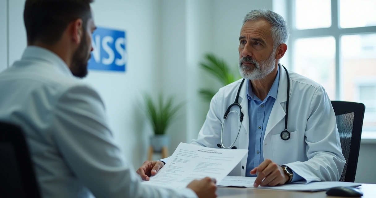 Pessoa sentada à mesa diante de médico perito do INSS analisando documentos