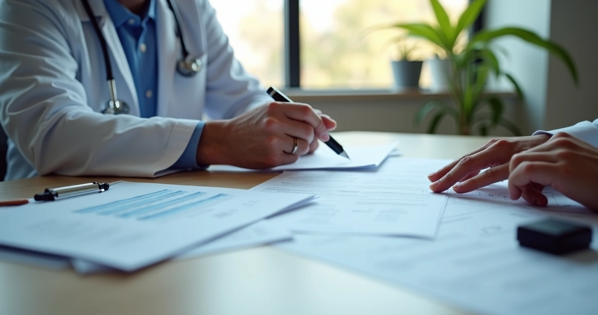 Sala de perícia médica com perito e documentos médicos