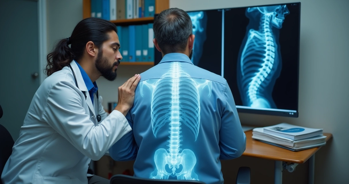 Médico do INSS avaliando paciente com bico de papagaio durante perícia. 