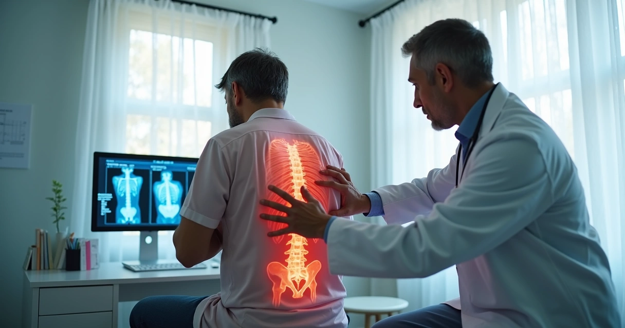 Perito médico do INSS examinando paciente com discopatia em consultório moderno