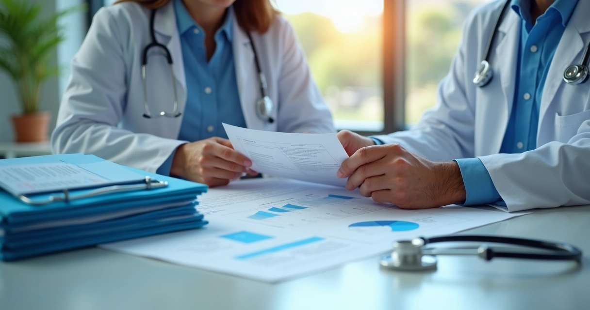 Paciente em consulta pericial mostrando exames de desnutrição ao médico. 