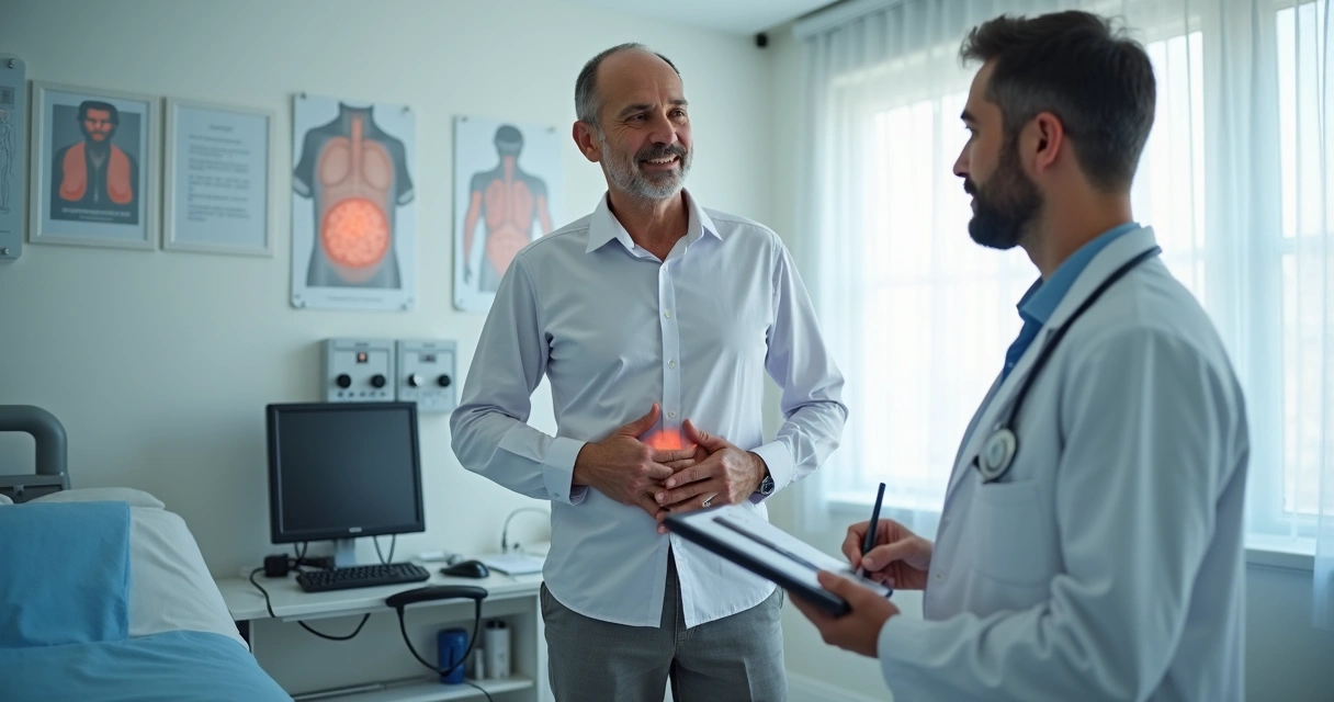 Médico perito do INSS avaliando paciente com hérnia inguinal