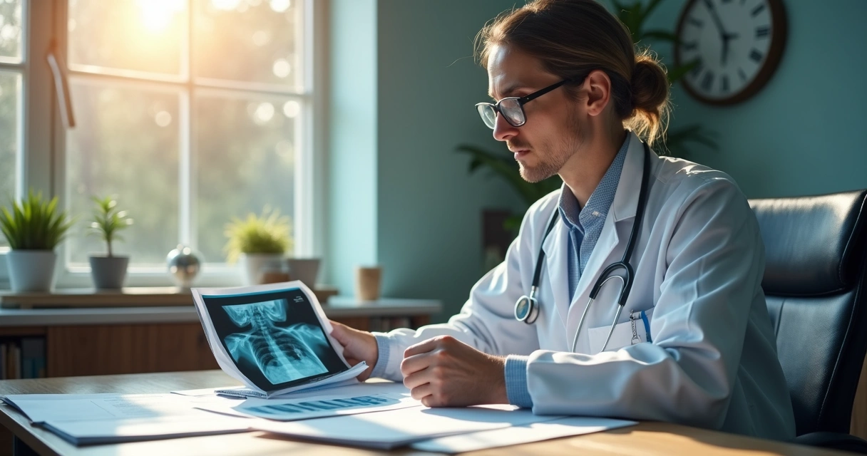 Médico perito analisando documentação sobre neoplasia em mesa de trabalho
