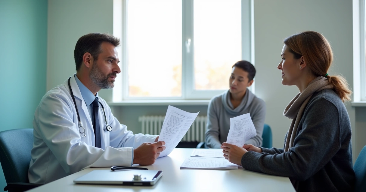 Sala de perícia médica do INSS com médico e segurado 