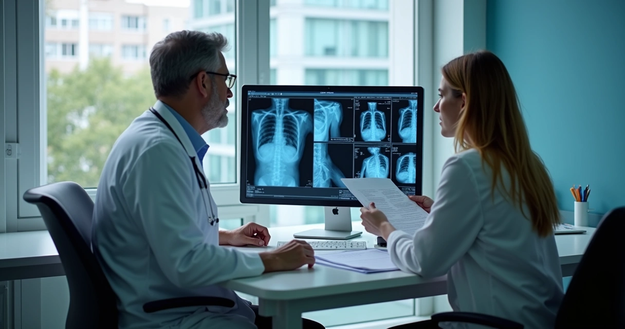 Pessoa em consulta médica apresentando laudos e exames ao médico. 