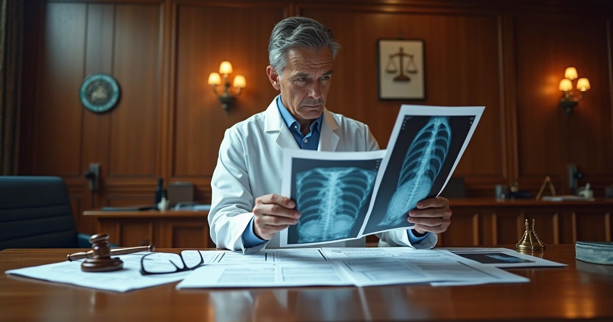 Perito analisando exames médicos em ambiente judicial 