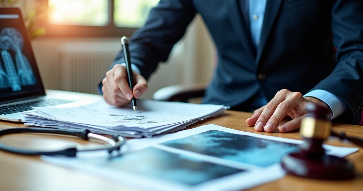 Perito analisando documentos médicos 