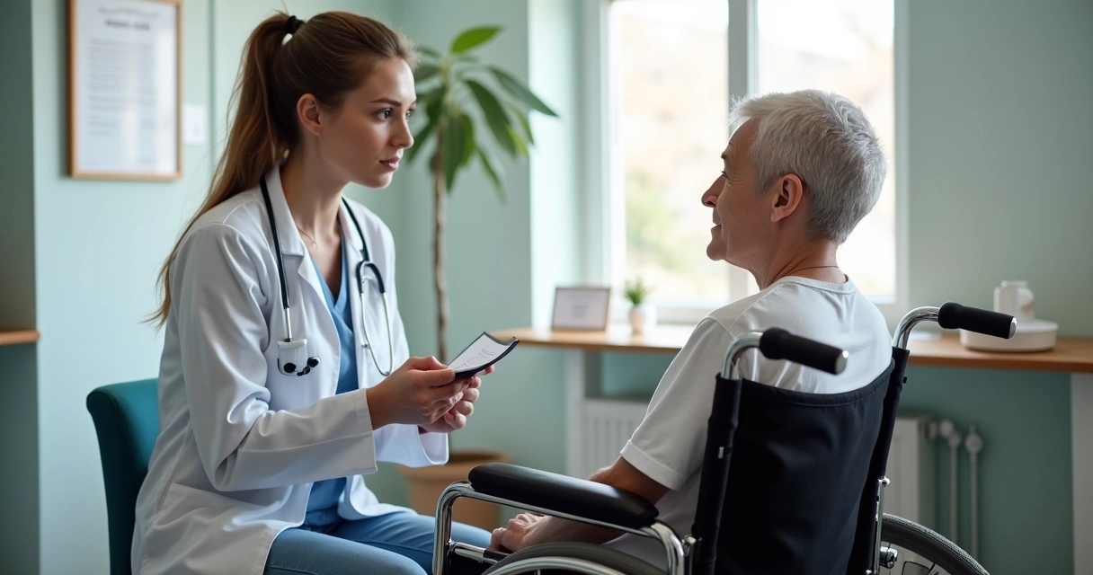 Pessoa em cadeira de rodas em perícia médica com profissional de jaleco 