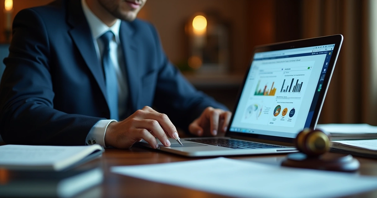 Perito formal analisando evidências digitais por um laptop 