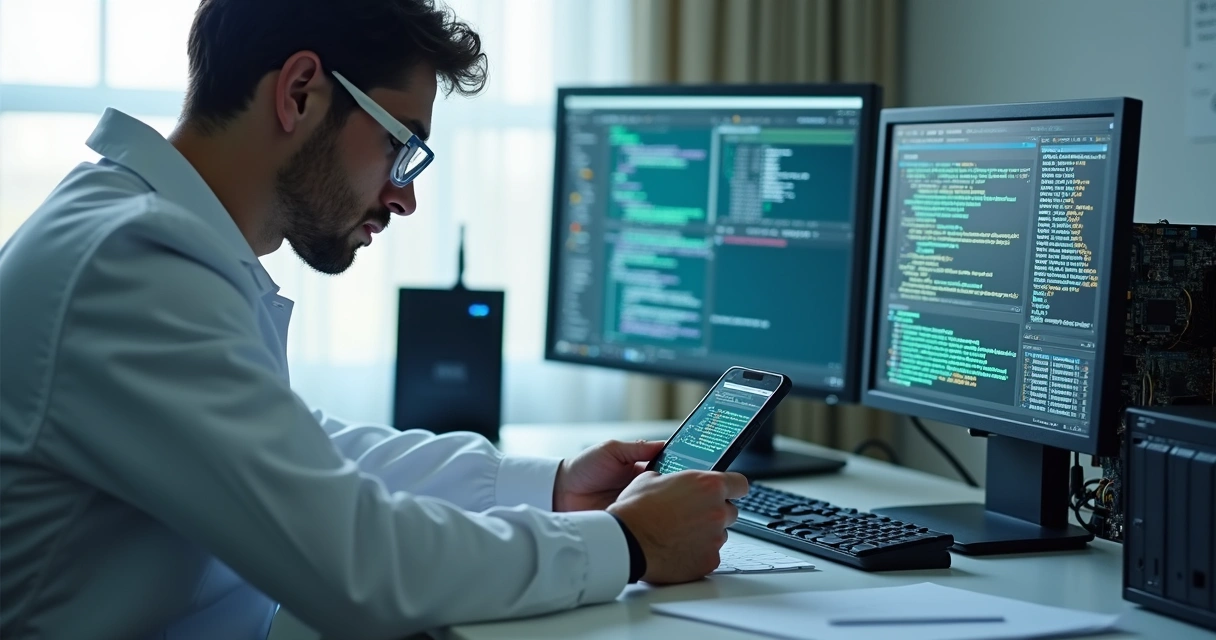 Perito digital analisando computador e smartphone lado a lado 