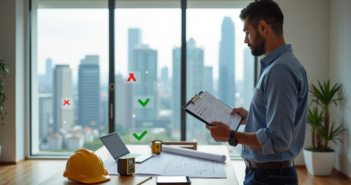 Engenheiro avaliando imóvel com planta e prancheta em ambiente urbano 
