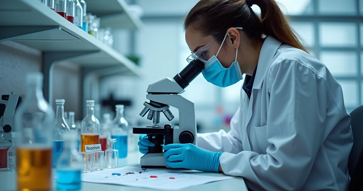Perito analisando amostras de manchas em laboratório 