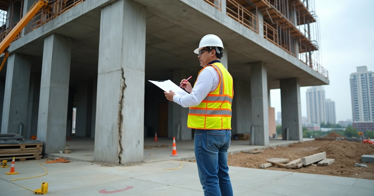 Engenheiro vistoriando obra com prancheta em frente a prédio em construção 