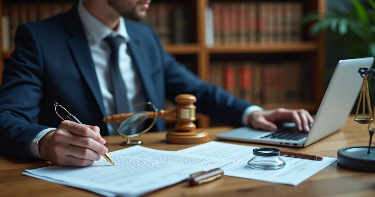 Mesa com equipamentos de perícia digital e representação de tribunal 