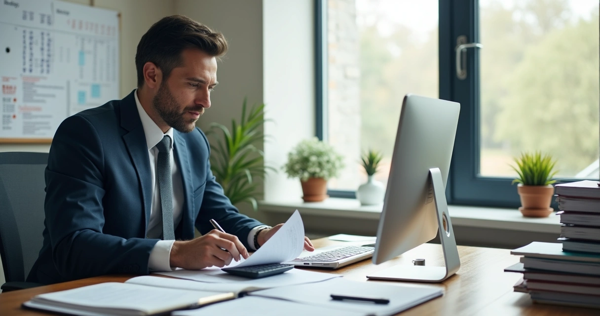 Perito analisando documentos em uma mesa de escritório 