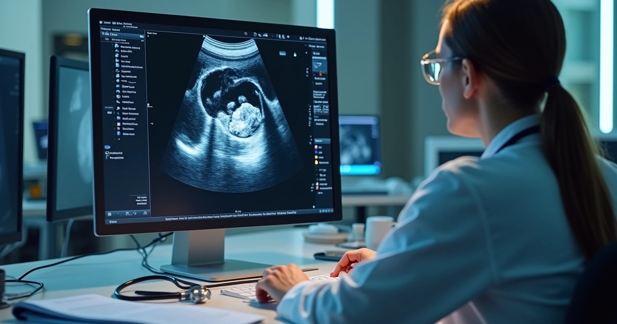 Médico realiza análise detalhada de ultrassom fetal com laudo pericial ao lado 