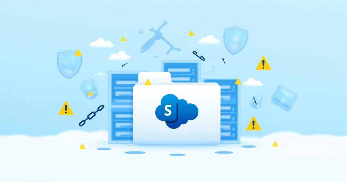 Illustration showing a digital folder with warning icons and broken chains representing risk of data loss in SharePoint 
