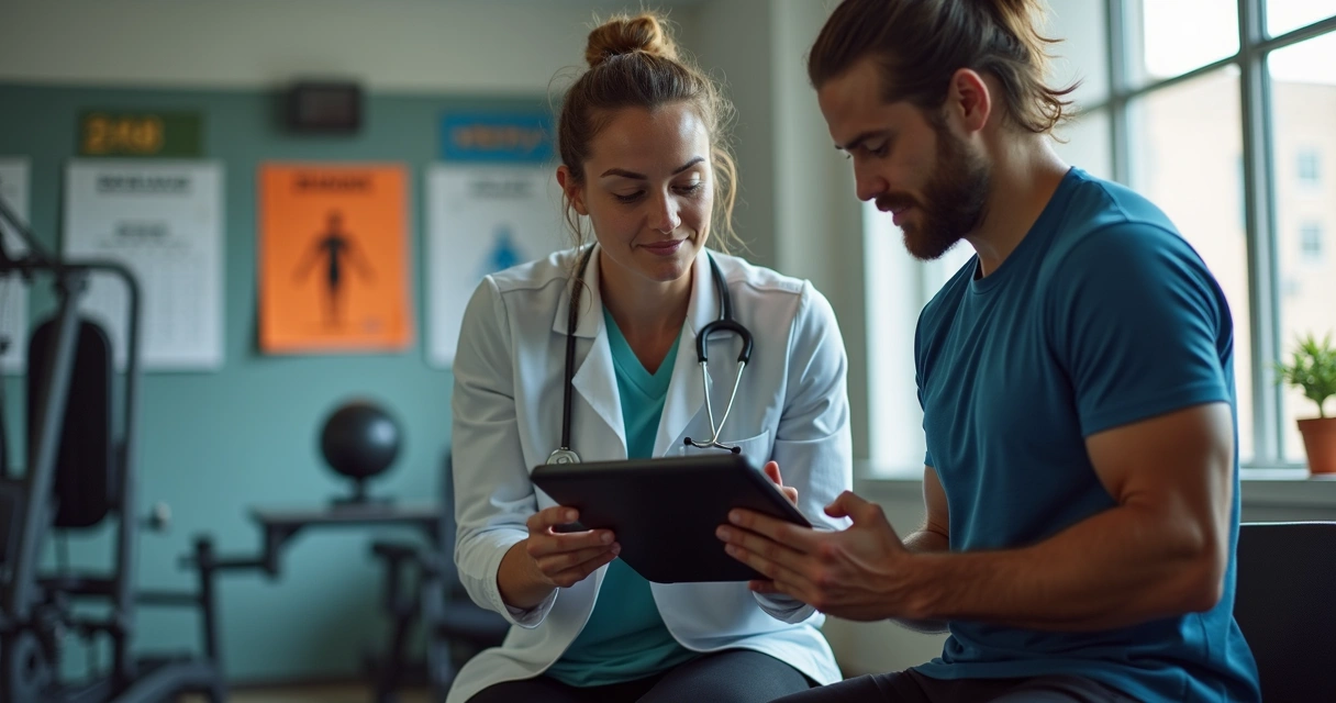 Nutricionista analisando plano alimentar com atleta em consultório esportivo 