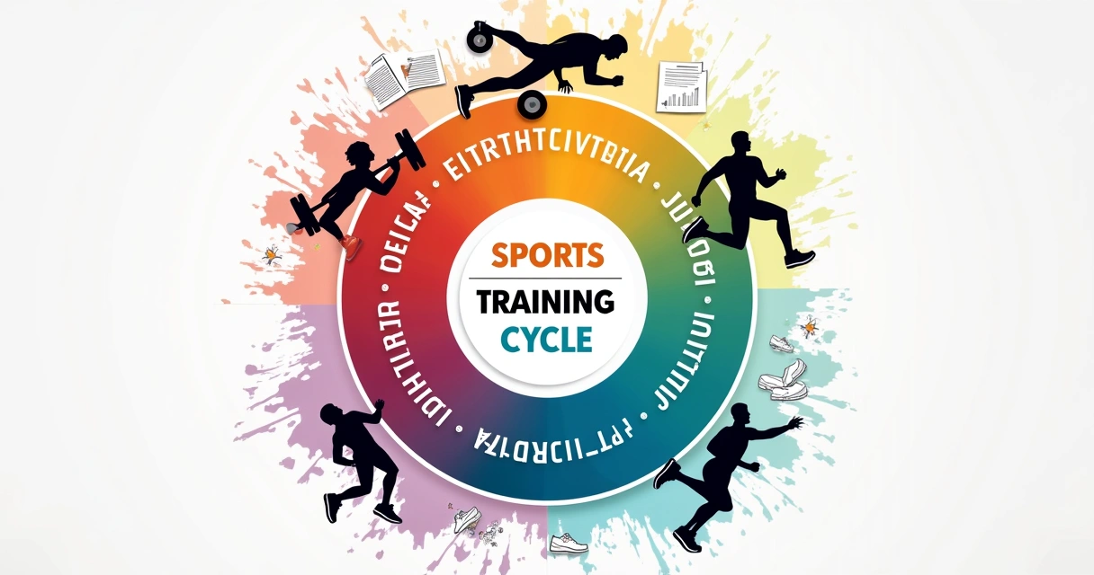 Representação artística de um ciclo de treinamento com seções de Força, Hipertrofia e Resistência e ícones de nutrição.