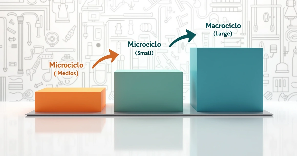Gráfico colorido mostrando microciclo, mesociclo e macrociclo da periodização de treino 