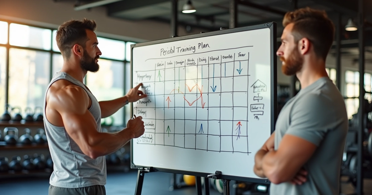 Treinador apontando periodização de treino em quadro branco na academia 