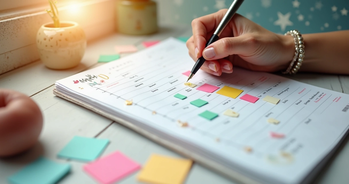 Calendário aberto com anotações coloridas e símbolos astrológicos 
