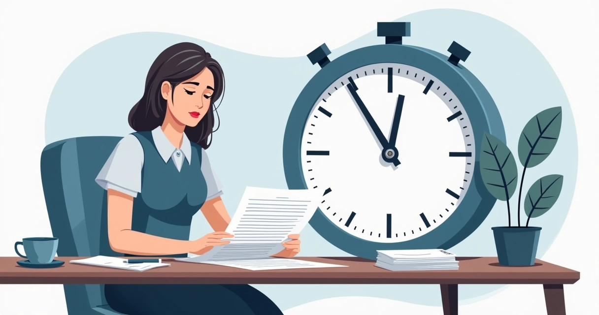 Mulher analisando relógio de contagem regressiva em cima de contrato de seguro 