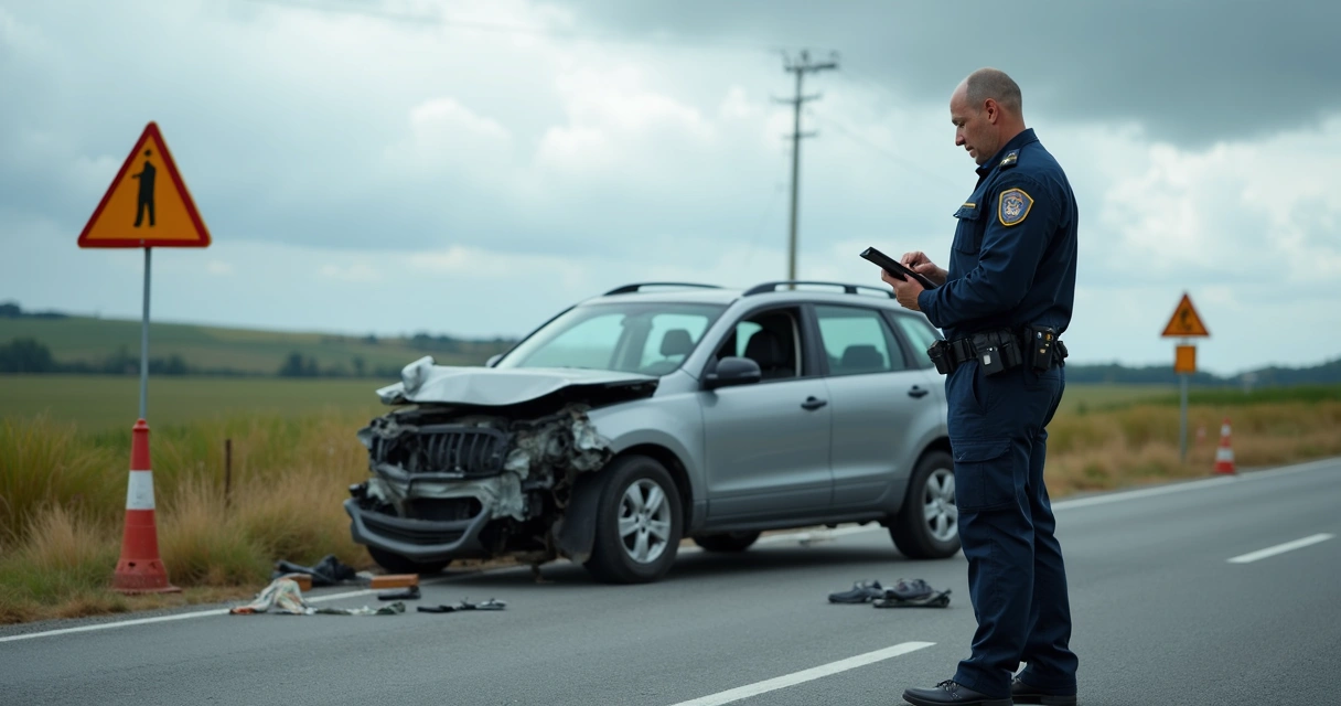 Perito examinando veículo acidentado em rodovia 