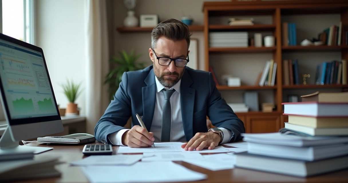 Perito analisando documentos em uma mesa de escritório 