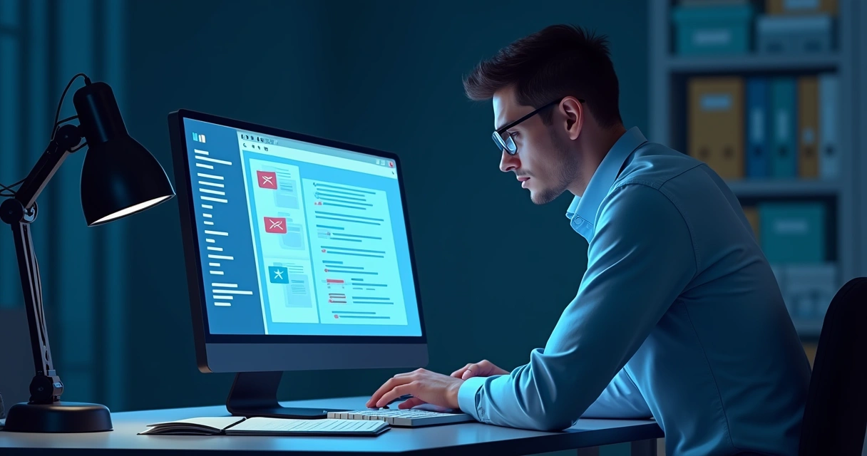 Perito analisa dados digitais em tela de computador 