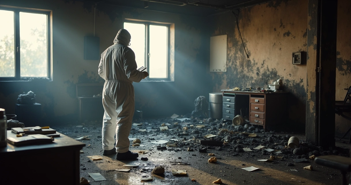 Perito observa destroços após incêndio em prédio 