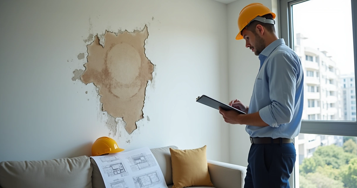 Perito analisando infiltração em parede de apartamento com prancheta na mão 