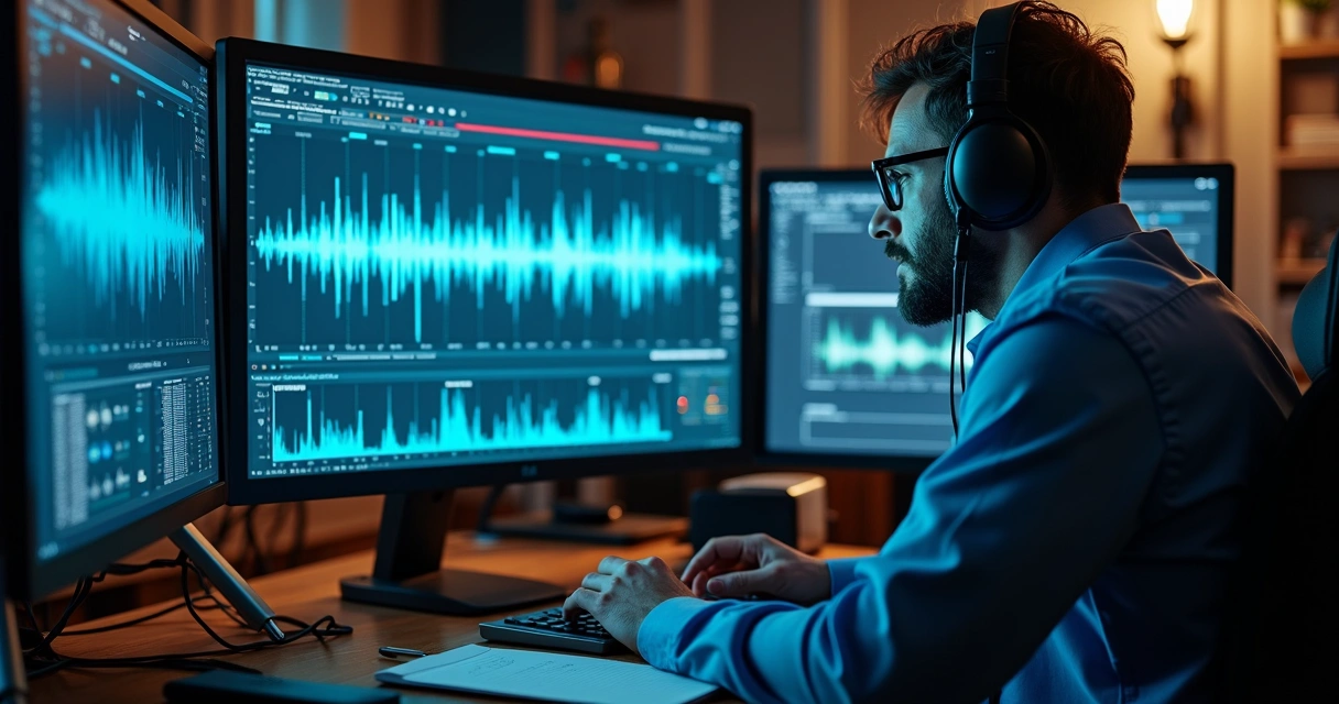Perito forense analisando áudio em computador 
