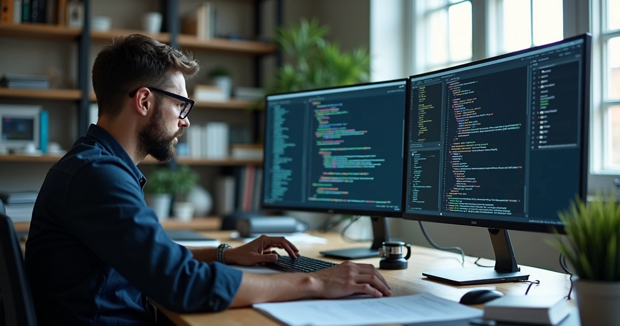 Perito examina códigos em monitores duplos, documentos à mesa e ambiente claro 