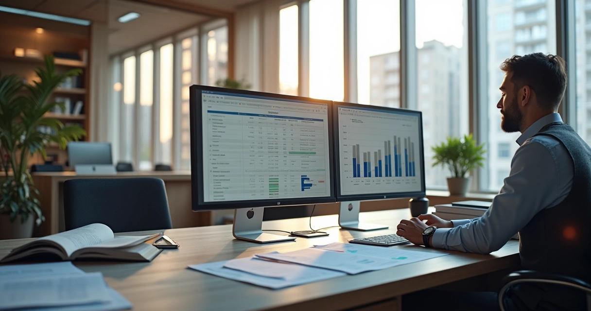 Perito consultando tabelas de avaliação imobiliária em computador 