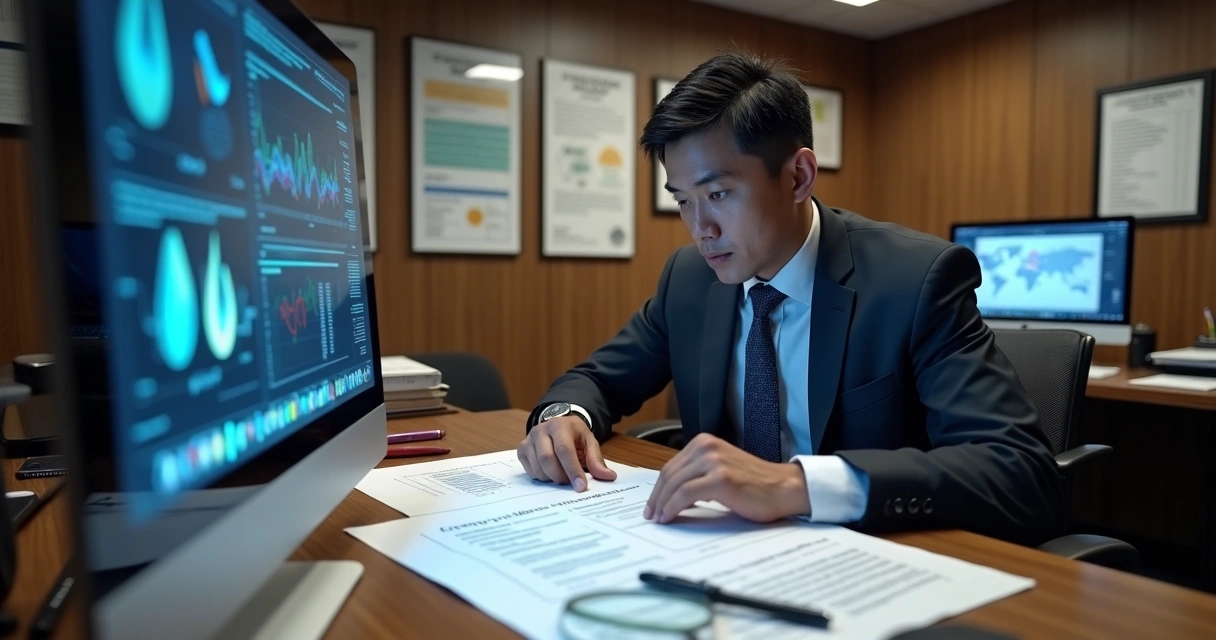 Perito judicial analisando documentos em escritório 