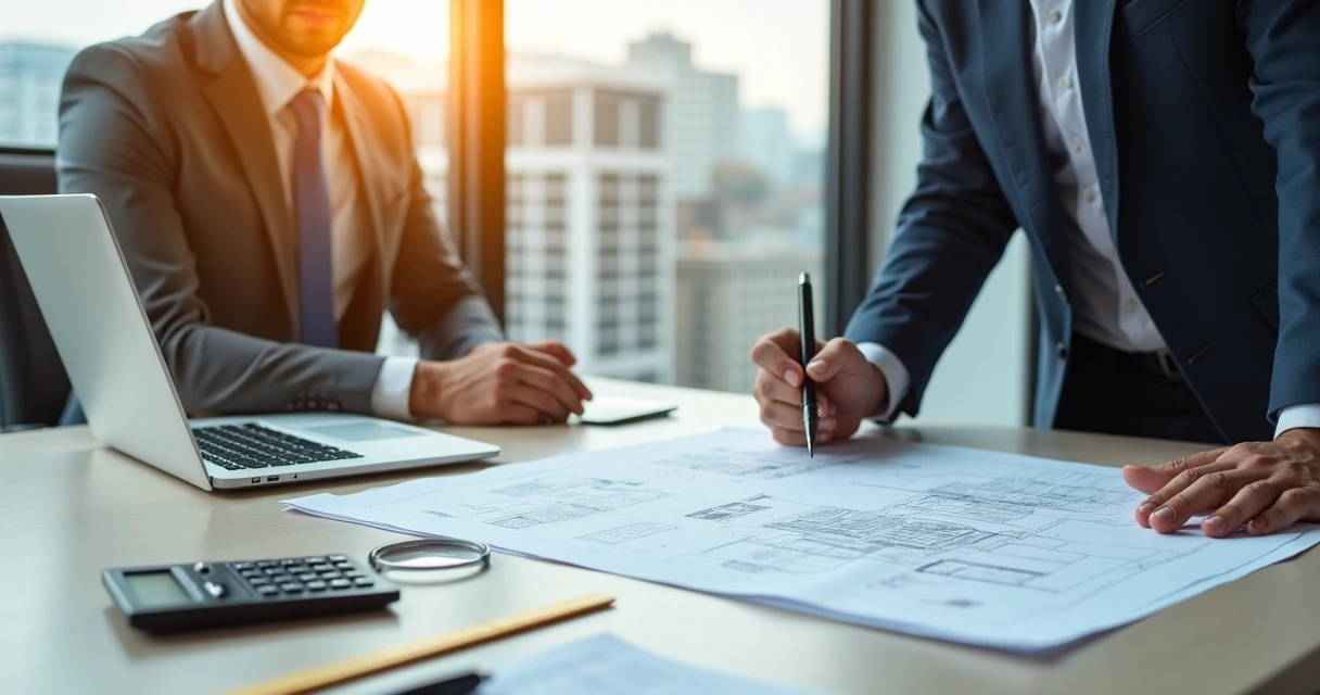 Perito analisando documentos técnicos em uma mesa ampla com plantas e laudos 